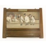 A beechwood pipe rack,inset with a chromolithographic print by John Hassell (1868-1948), labelled '