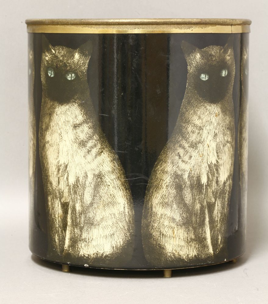 A waste paper bin,by Piero Fornasetti, lithographed with a Siamese cat, with a brass mount and feet, - Image 3 of 4