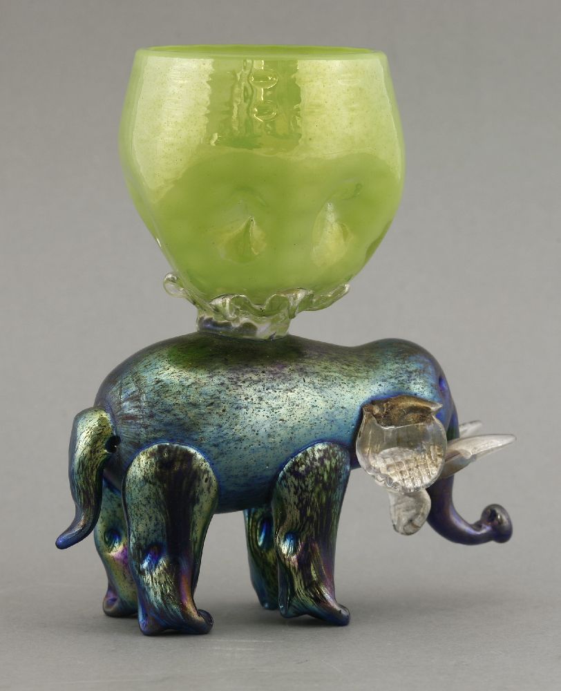 A rare Loetz iridescent elephant vase,the elephant with clear glass jaw, ears and tusks, the vase in - Image 2 of 2