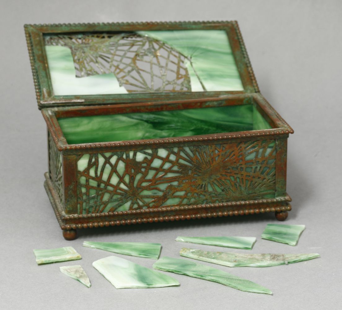 A Tiffany Studios' gilt brass and glass pierced casket,the pierced web panels with a beaded - Image 4 of 4