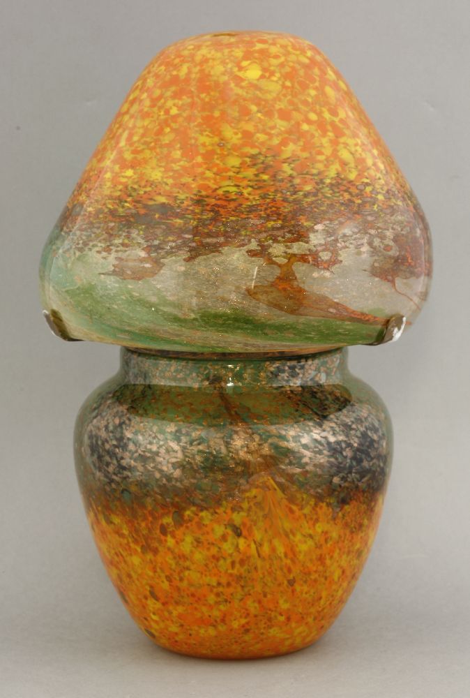 A Monart glass table lamp,the shade and base in mottled green and orange with gold aventurine - Image 2 of 3