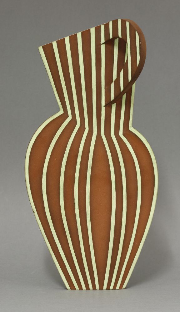 *A flattened earthenware jug,by Linda Gunn-Russell (b.1953), with green tube lining, signed 'Linda