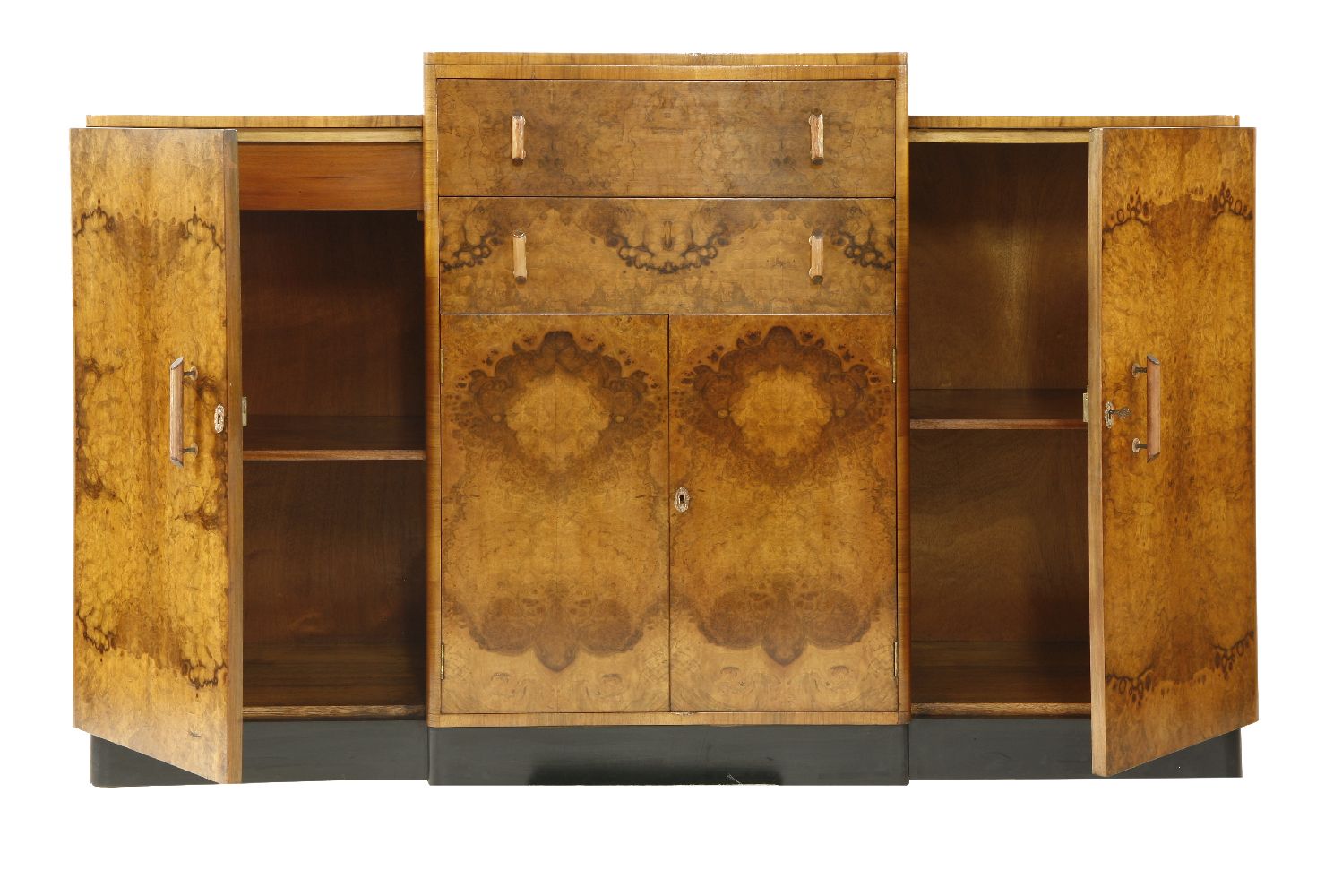 An Art Deco burr walnut sideboard, the raised centre with drawers over a cupboard, flanked with - Image 2 of 2