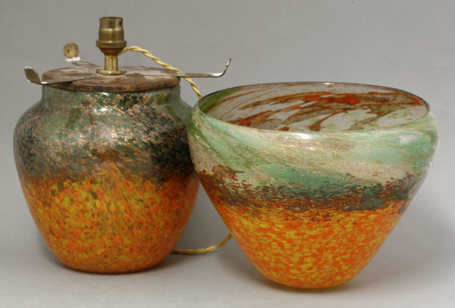A Monart glass table lamp,the shade and base in mottled green and orange with gold aventurine - Image 3 of 3