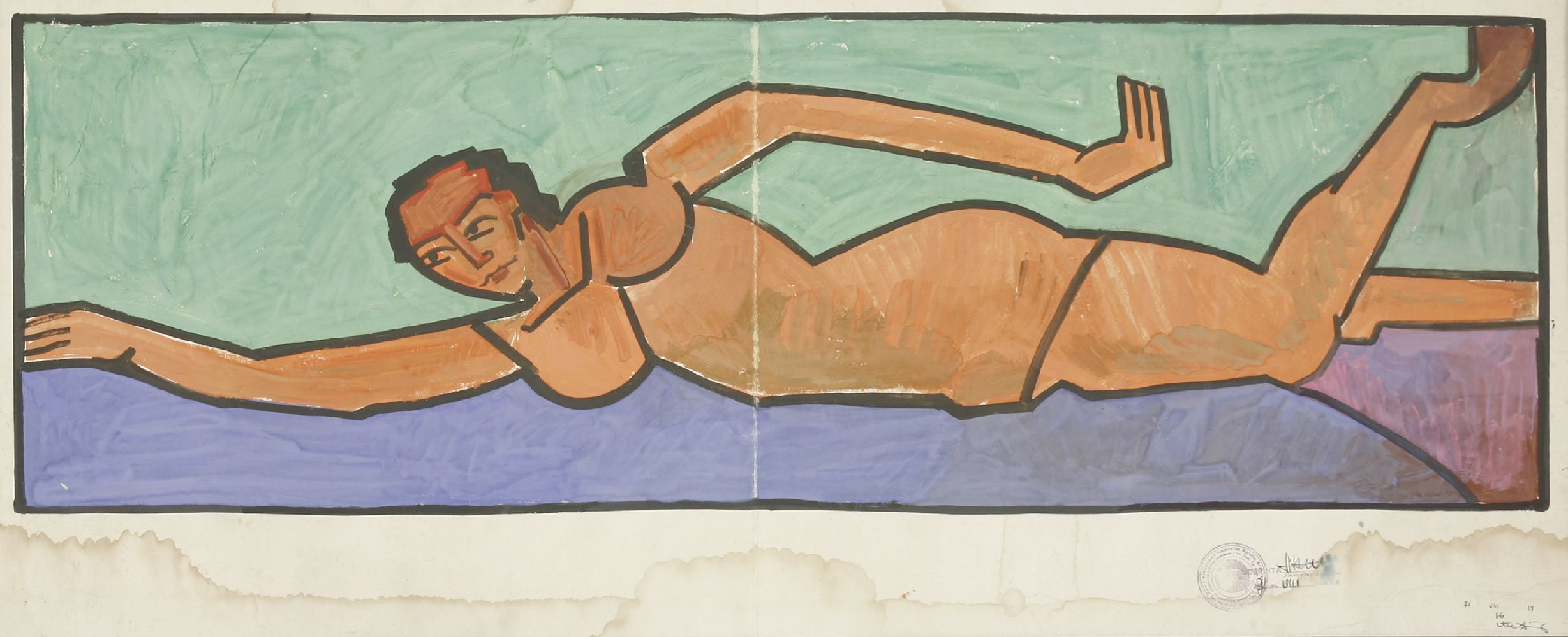 Russian SchoolTHE SWIMMERGouache, with stamped roundel, various inscriptions39 x 90cm