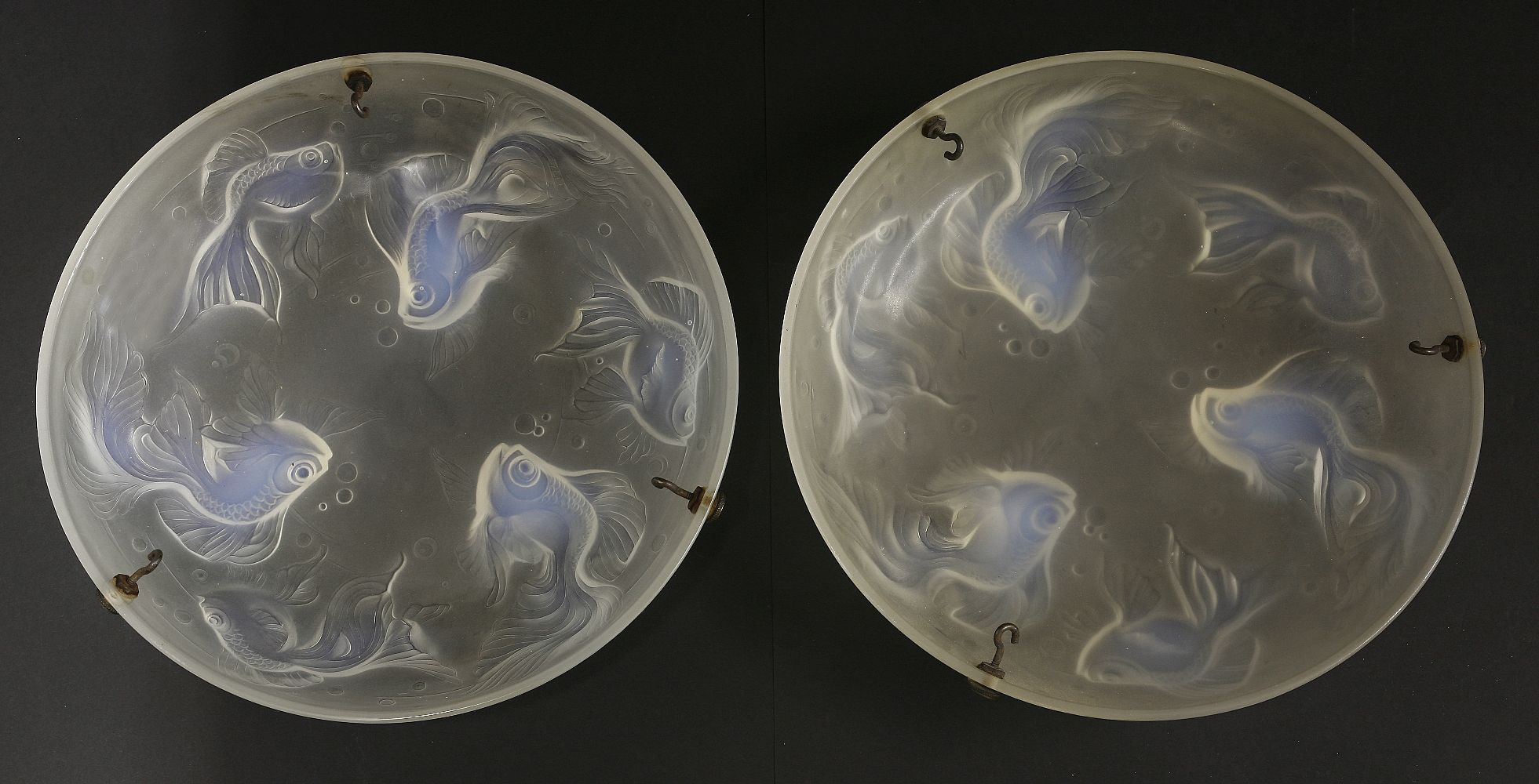 A pair of Sabino 'Les Poissons' moulded opalescent glass plafonniers,decorated with fish, - Image 2 of 3