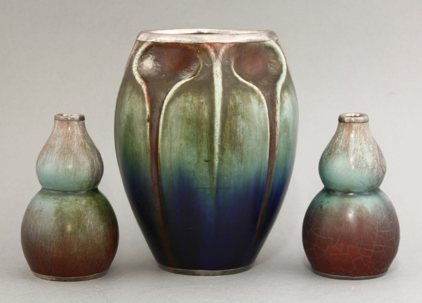 A garniture of Art Nouveau vases,in the manner of Alphonse Cytete, early 20th century, each with - Image 2 of 3