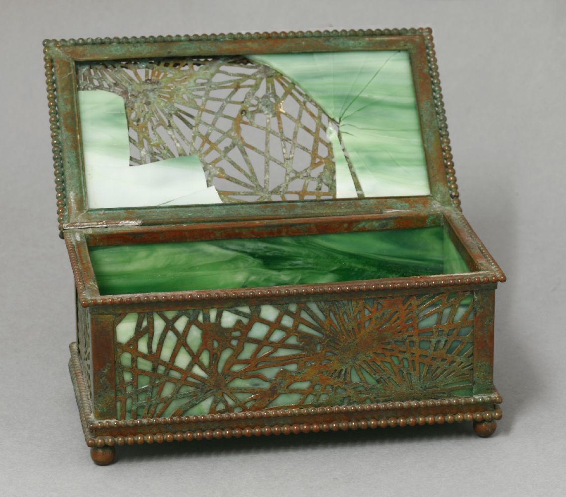 A Tiffany Studios' gilt brass and glass pierced casket,the pierced web panels with a beaded - Image 3 of 4