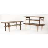 Three Danish teak coffee tables,one with a wicker undertier, another with an undertier, the last