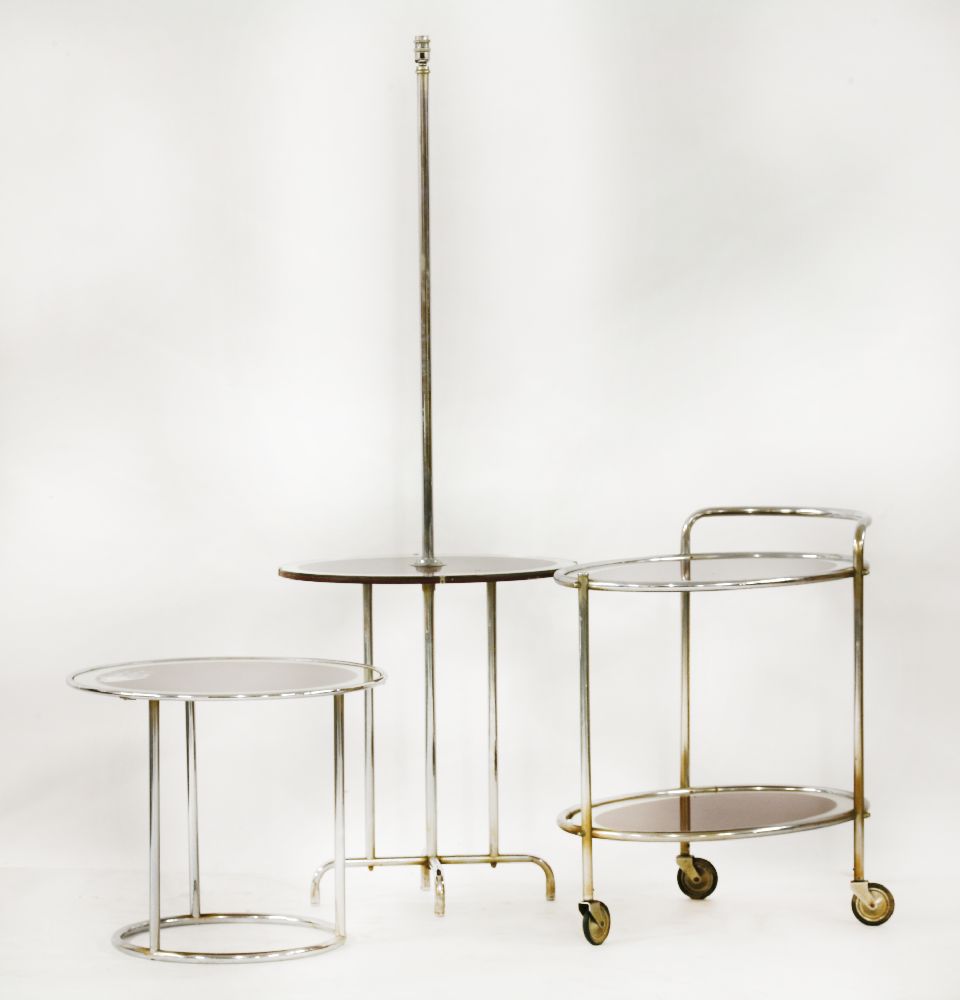 Three chrome and mirrored 'Savoy' items,a hostess trolley,64cm long,a circular table,56cm