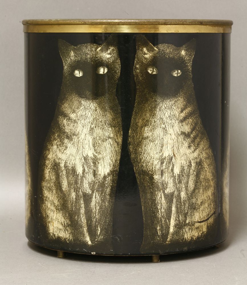 A waste paper bin,by Piero Fornasetti, lithographed with a Siamese cat, with a brass mount and feet, - Image 2 of 4