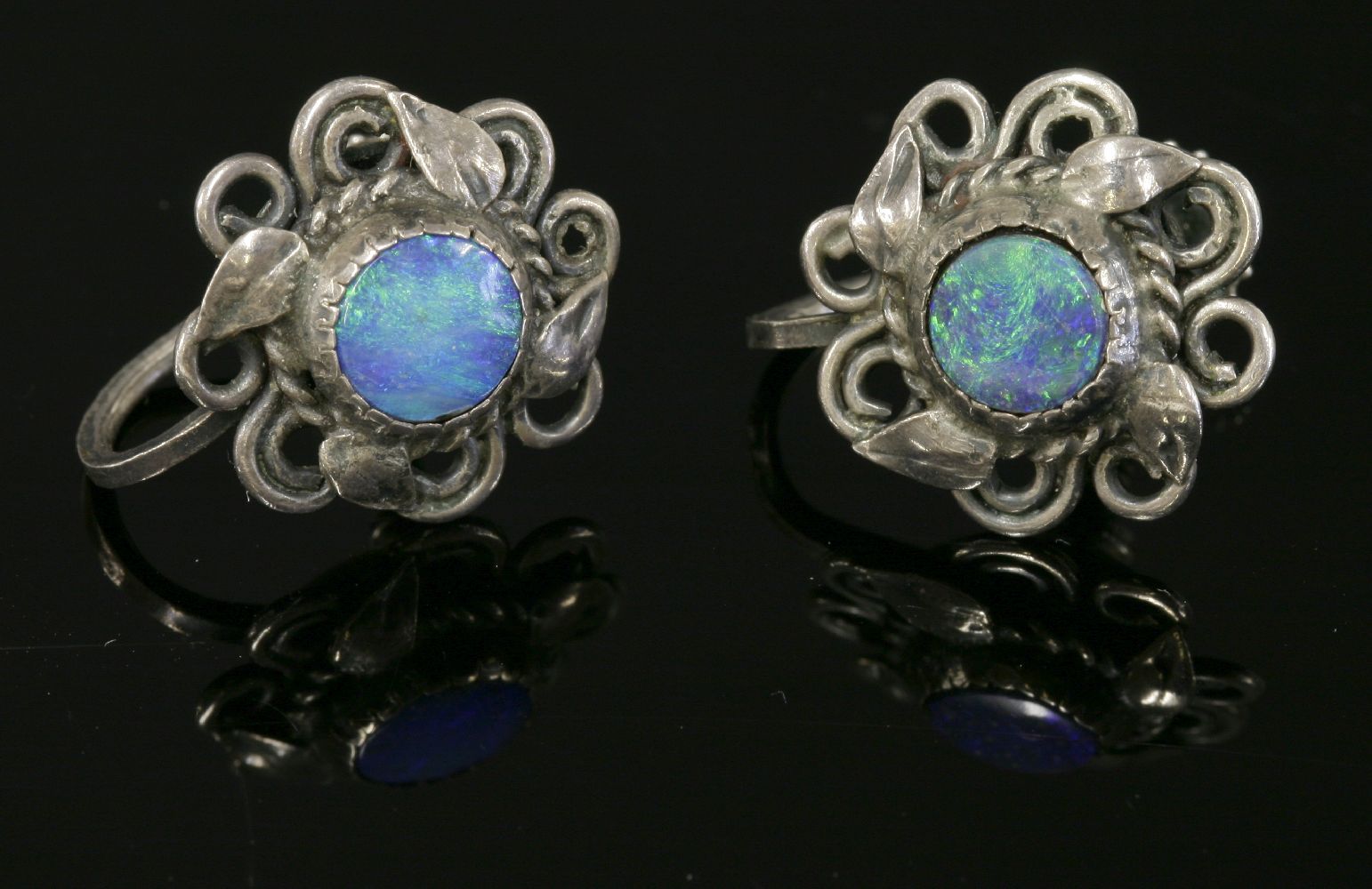 A pair of Arts and Crafts black opal doublet earrings,each one with a circular black opal doublet - Image 2 of 3