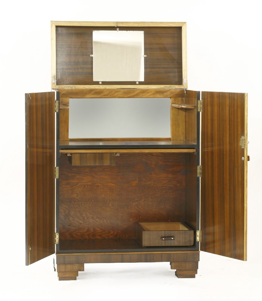 An Art Deco walnut and rosewood bar,the top hinged and opening to reveal a mirror, over shelves - Image 2 of 2