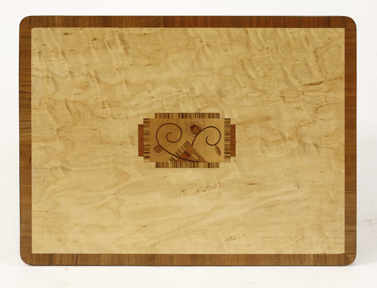 An Art Deco walnut and maple inlaid side table,the centre with a specimen wood panel, on a - Image 2 of 2