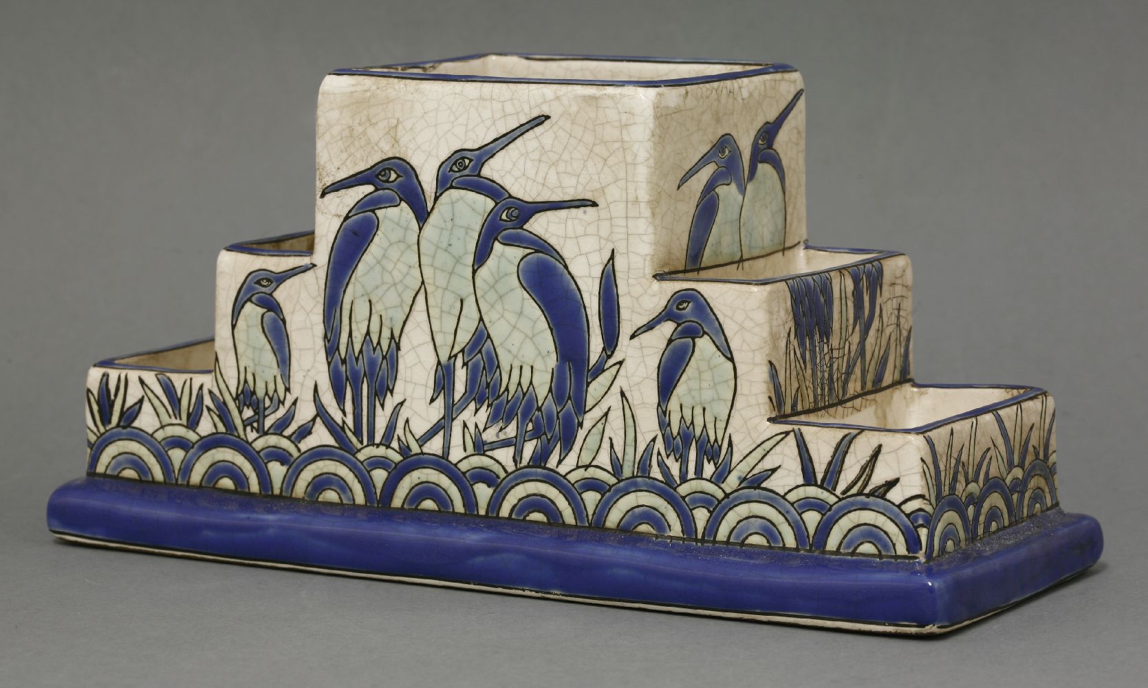 A Keralouve style pottery desk stand,with a crackle glazed body, painted and glazed with storks, - Image 2 of 3