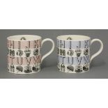 Two Wedgwood 'Alphabet' mugs,designed by Eric Ravilious, with pink and blue banding,8cm high (2)