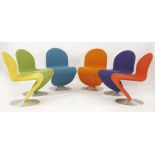 A set of six System 123 chairs,designed by Verner Panton, in blue, orange, green, yellow, red and
