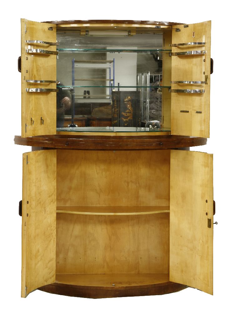 An Art Deco walnut two-part cocktail cabinet,opening to reveal a birch interior, labelled 'G & F - Image 2 of 2