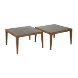 A pair of walnut side tables,with black glass tops,60cm square37cm high (2)