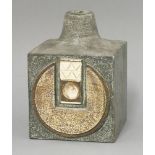 A Troika pottery lamp base,probably decorated by Penny Black, of square form moulded with