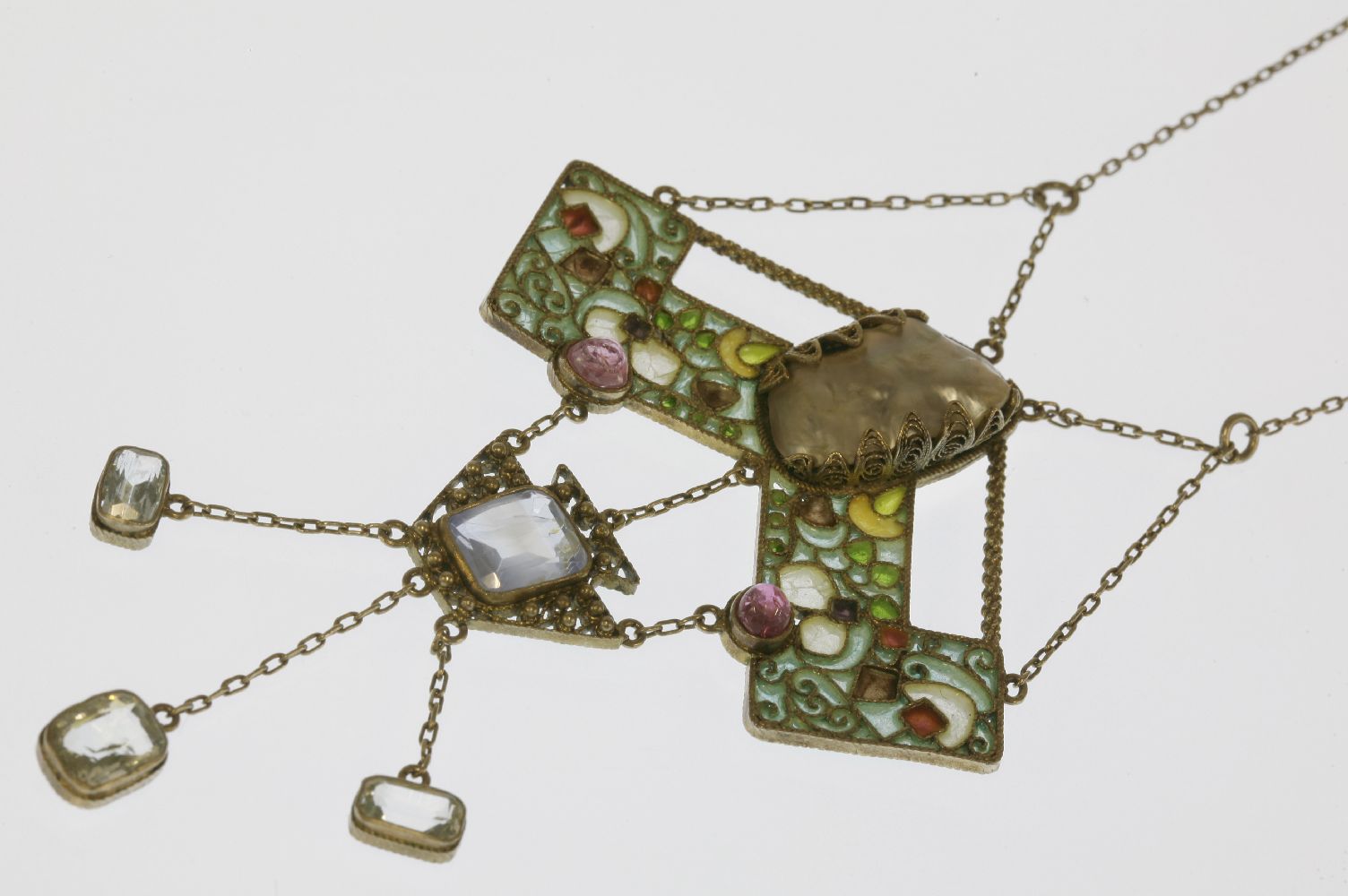 An Arts and Crafts silver gilt, blister pearl, pink tourmaline, sapphire, aquamarine and plique-à- - Image 2 of 3