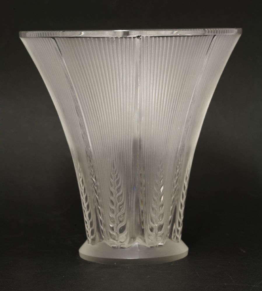 A Lalique 'Epis' vase,moulded with wheatears on a trumpet-shaped body, etched 'LALIQUE',17cm high