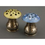 Two Norwegian silver enamel pepper shakers,designed as toadstools, by Norsk Solvvareindustri, the