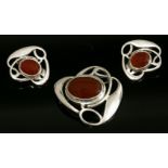 A cased sterling silver Art Nouveau-style brooch and earring suite by Liberty, c.1980,the brooch and
