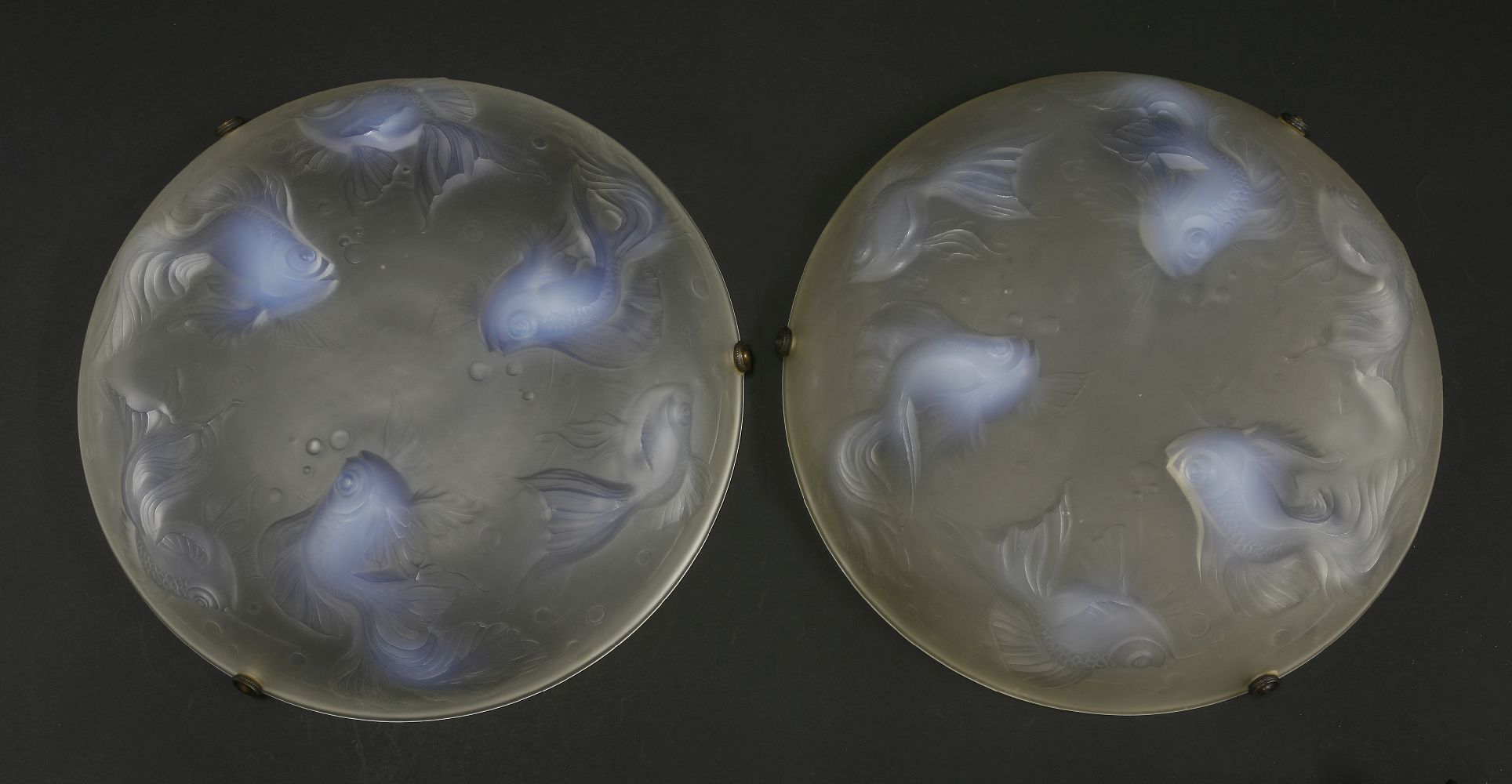 A pair of Sabino 'Les Poissons' moulded opalescent glass plafonniers,decorated with fish,