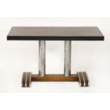 An Art Deco-style coffee table,with a composition top raised on twin columns and chrome mount