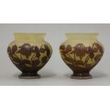 A pair of Gallé cameo glass vases,in amber and polished purple glass in the form of flowers,