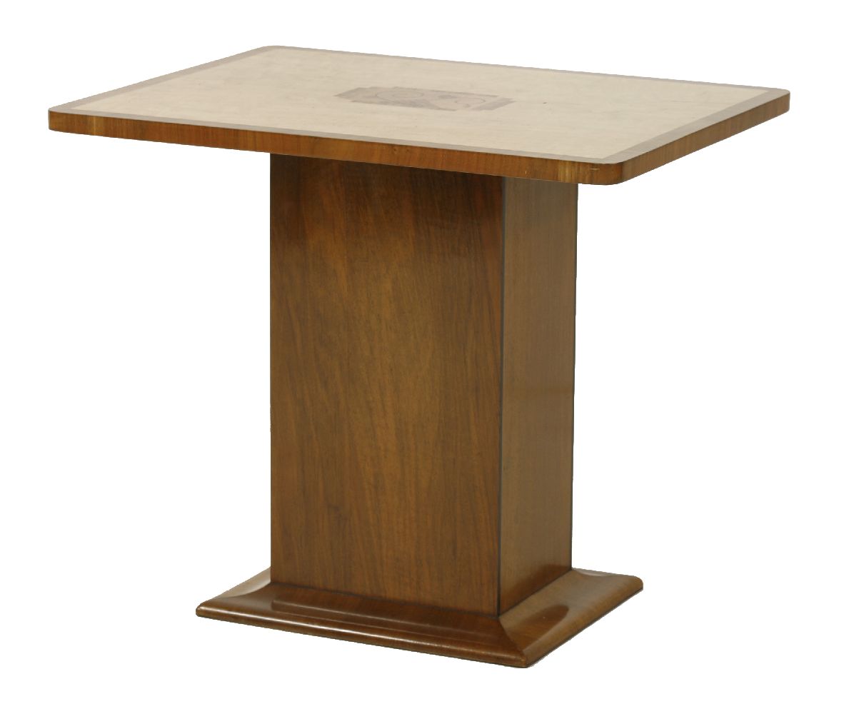 An Art Deco walnut and maple inlaid side table,the centre with a specimen wood panel, on a