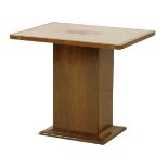 An Art Deco walnut and maple inlaid side table,the centre with a specimen wood panel, on a