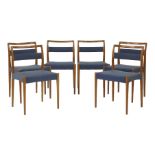 A set of six teak dining chairs,by Niels O Møller with blue padded back and seat (6)