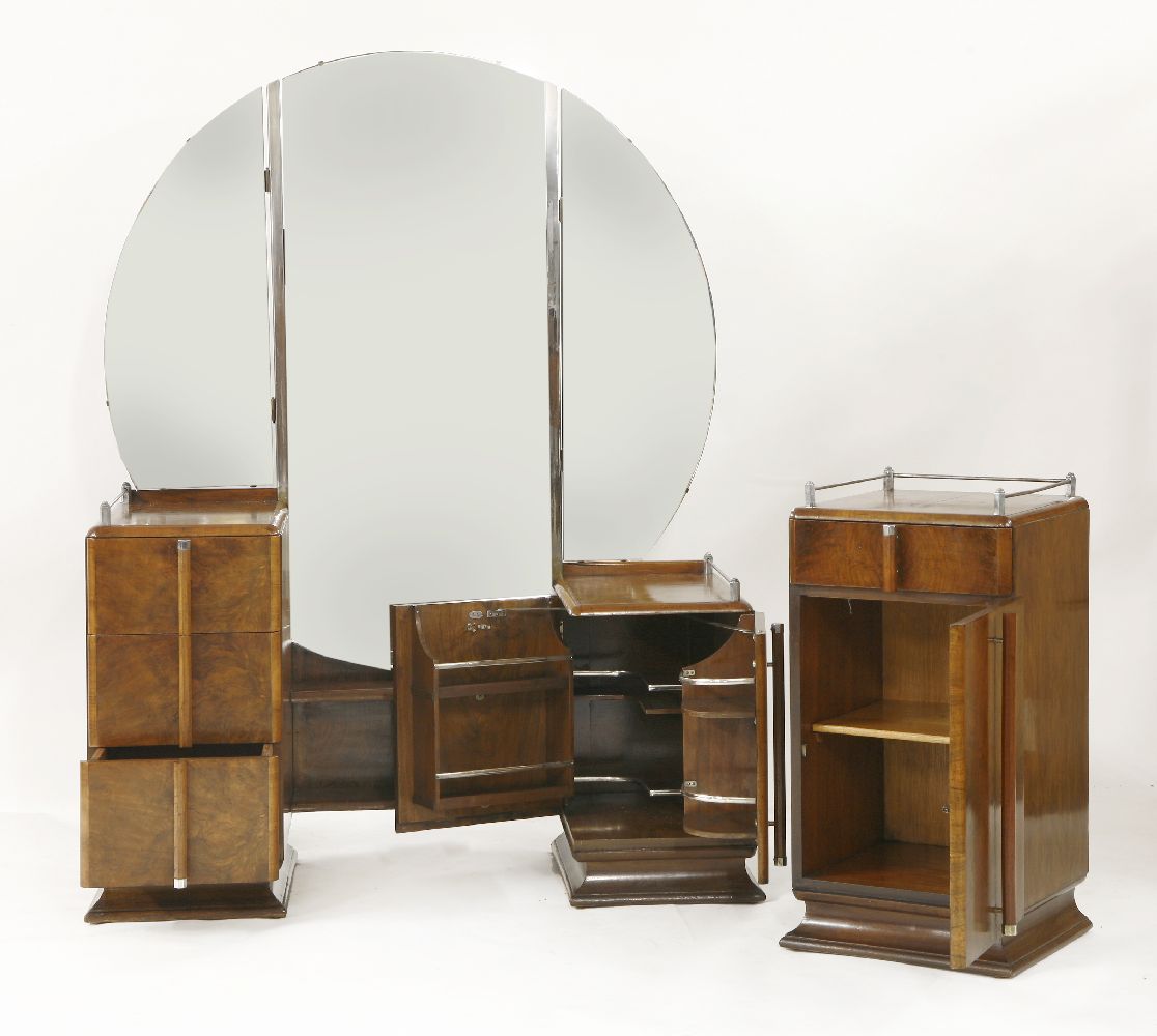 An Art Deco walnut dressing table,with a triptych mirror, over an unusual cupboard and three- - Image 2 of 2