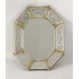 A Venetian multiglass octagonal mirror,with clear glass and aventurine mounts, with etched glass