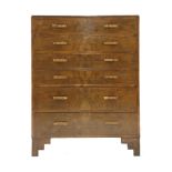 An Art Deco walnut six-drawer chest, with hexagonal handles, raised on stepped feet,91.5cm wide48.