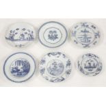 Six English blue and white delft Plates,mid-18th century, with chinoiserie views,largest 23cm