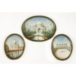Three Mughal miniatures on ivory,two depicting the Taj Mahal, in gilt metal frames,one 6 x 5cm and