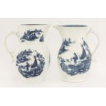 Two Worcester Caughley cabbage leaf and mask pattern Jugs,the first with initial 'HJ' within a