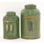 A green painted toleware tea canister,labelled 'I',together with a similar smaller canister,labelled