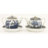 Two Worcester Teapots and Covers,c.1780, each of barrel form in the 'Bat' and 'Fisherman and