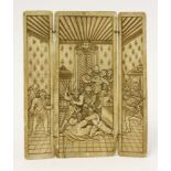 A Continental carved ivory triptych, 19th century, carved on relief with soldiers attacking a man in