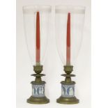 A pair of Wedgwood jasperware storm lanterns, late 19th century, the stands with classical panels