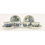 Four Worcester Tea Bowls and Saucers,c.1770-5, each with floral printed sprays, within a double line