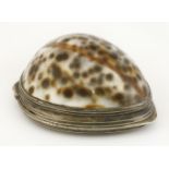 A silver-mounted cowrie shell snuff box,late 18th/early 19th century, unmarked,the silver-mounted