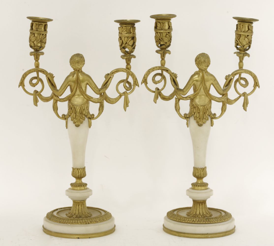 A pair of French gilt bronze and alabaster-mounted twin-branch candelabra,late 19th century,39cm - Image 2 of 2
