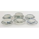 Six blue and white porcelain Tea Bowls and Saucers, 18th century, Worcester, Caughley, Liverpool (