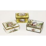 Three enamel boxes,19th/20th century, comprising:a waisted box with gilt reserved landscapes on a