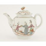 A Worcester 'Long Eliza' polychrome Teapot and Cover,c.1780, painted with Chinese figures, in a